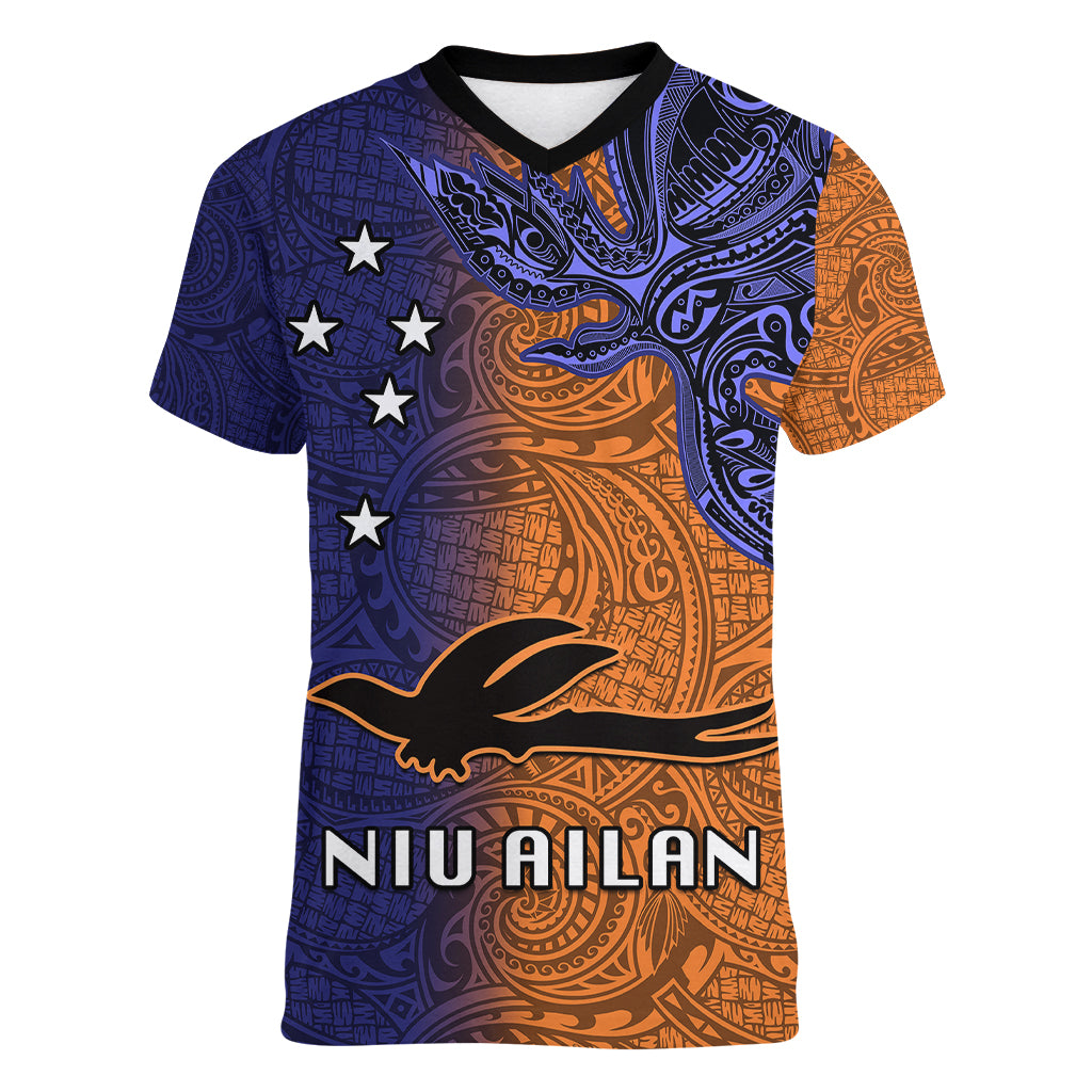 Custom Papua New Guinea New Ireland Province Women V Neck T Shirt PNG Birds Of Paradise Polynesian Arty Style LT03 Female Orange - Polynesian Pride
