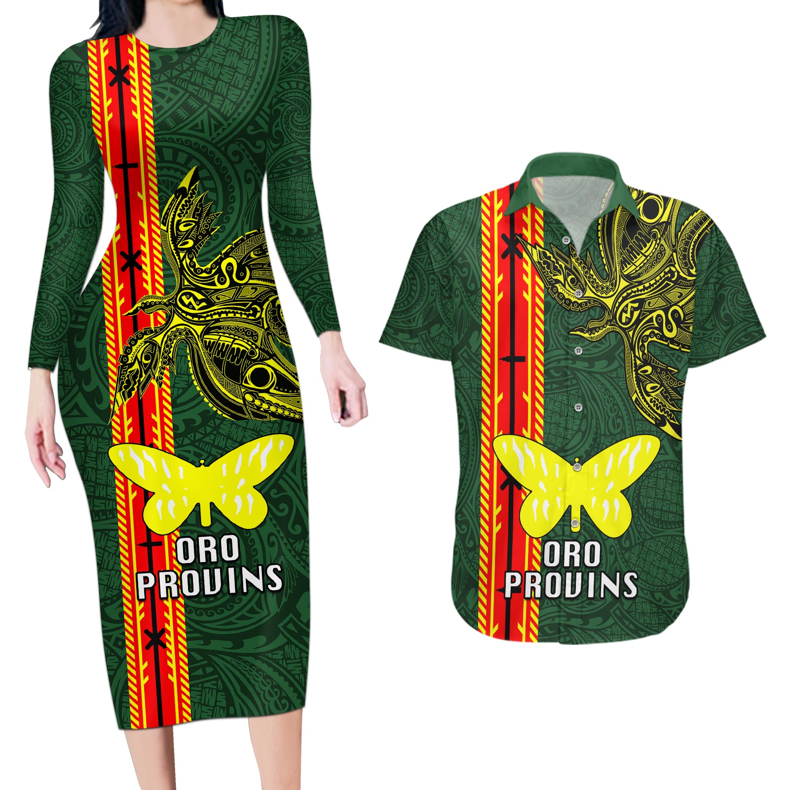 Papua New Guinea Oro Province Couples Matching Long Sleeve Bodycon Dress and Hawaiian Shirt PNG Birds Of Paradise Polynesian Arty Style LT03 Green - Polynesian Pride