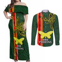 Papua New Guinea Oro Province Couples Matching Off Shoulder Maxi Dress and Long Sleeve Button Shirts PNG Birds Of Paradise Polynesian Arty Style LT03 Green - Polynesian Pride