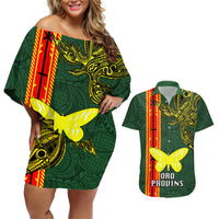Papua New Guinea Oro Province Couples Matching Off Shoulder Short Dress and Hawaiian Shirt PNG Birds Of Paradise Polynesian Arty Style LT03 Green - Polynesian Pride