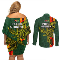 Papua New Guinea Oro Province Couples Matching Off Shoulder Short Dress and Long Sleeve Button Shirts PNG Birds Of Paradise Polynesian Arty Style LT03 - Polynesian Pride