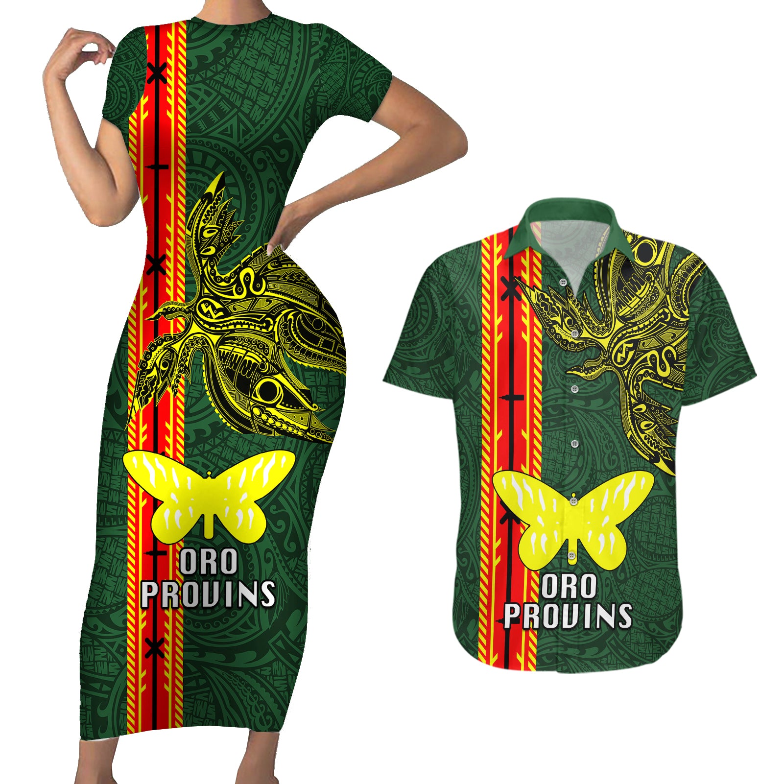 Papua New Guinea Oro Province Couples Matching Short Sleeve Bodycon Dress and Hawaiian Shirt PNG Birds Of Paradise Polynesian Arty Style LT03 Green - Polynesian Pride