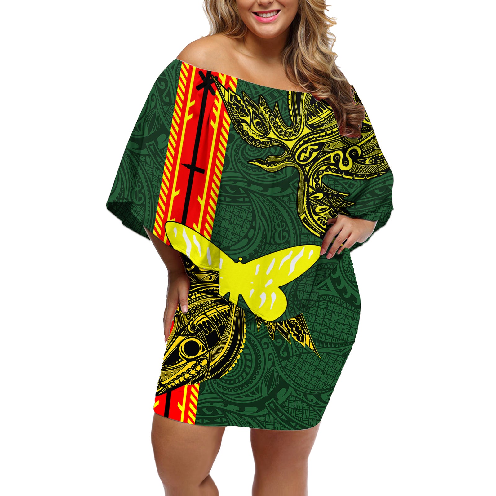 Papua New Guinea Oro Province Off Shoulder Short Dress PNG Birds Of Paradise Polynesian Arty Style LT03 Women Green - Polynesian Pride
