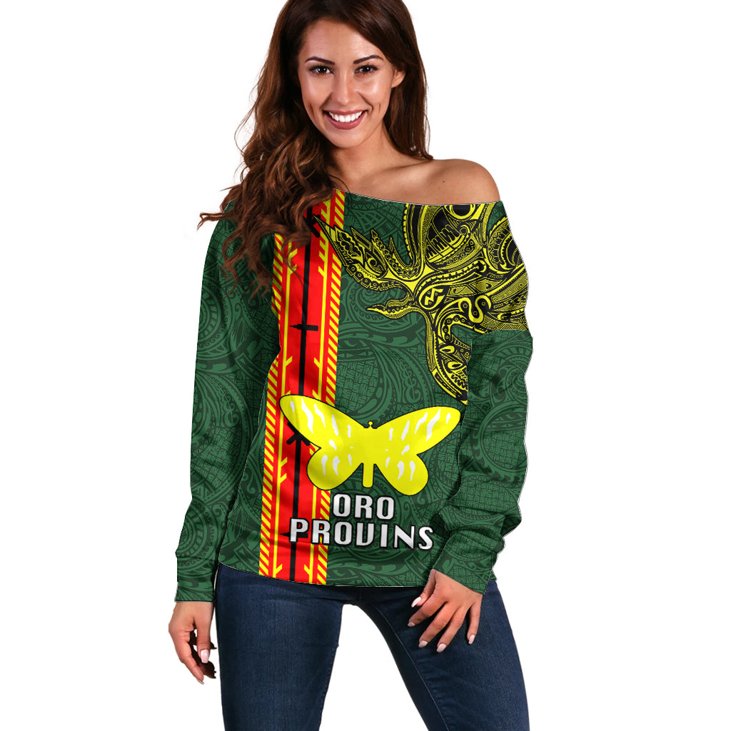Papua New Guinea Oro Province Off Shoulder Sweater PNG Birds Of Paradise Polynesian Arty Style LT03 Women Green - Polynesian Pride