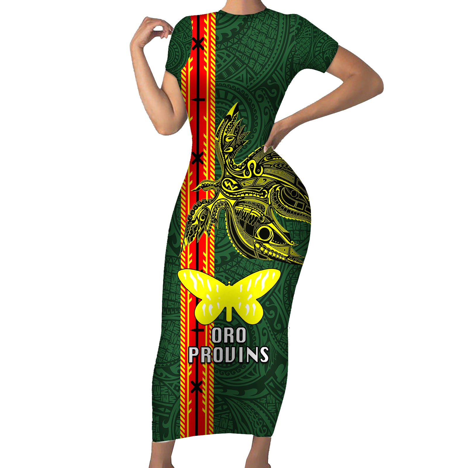 Papua New Guinea Oro Province Short Sleeve Bodycon Dress PNG Birds Of Paradise Polynesian Arty Style LT03 Long Dress Green - Polynesian Pride