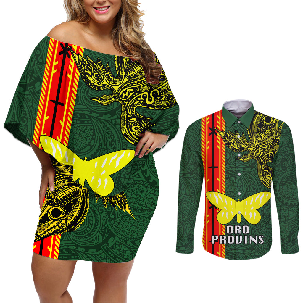 Custom Papua New Guinea Oro Province Couples Matching Off Shoulder Short Dress and Long Sleeve Button Shirts PNG Birds Of Paradise Polynesian Arty Style LT03 Green - Polynesian Pride