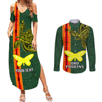 Custom Papua New Guinea Oro Province Couples Matching Summer Maxi Dress and Long Sleeve Button Shirts PNG Birds Of Paradise Polynesian Arty Style LT03 Green - Polynesian Pride