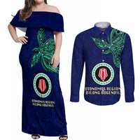Papua New Guinea Bougainville Couples Matching Off Shoulder Maxi Dress and Long Sleeve Button Shirts PNG Birds Of Paradise Polynesian Arty Style LT03 Blue - Polynesian Pride