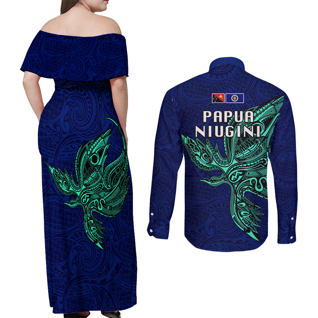 Papua New Guinea Bougainville Couples Matching Off Shoulder Maxi Dress and Long Sleeve Button Shirts PNG Birds Of Paradise Polynesian Arty Style LT03 - Polynesian Pride
