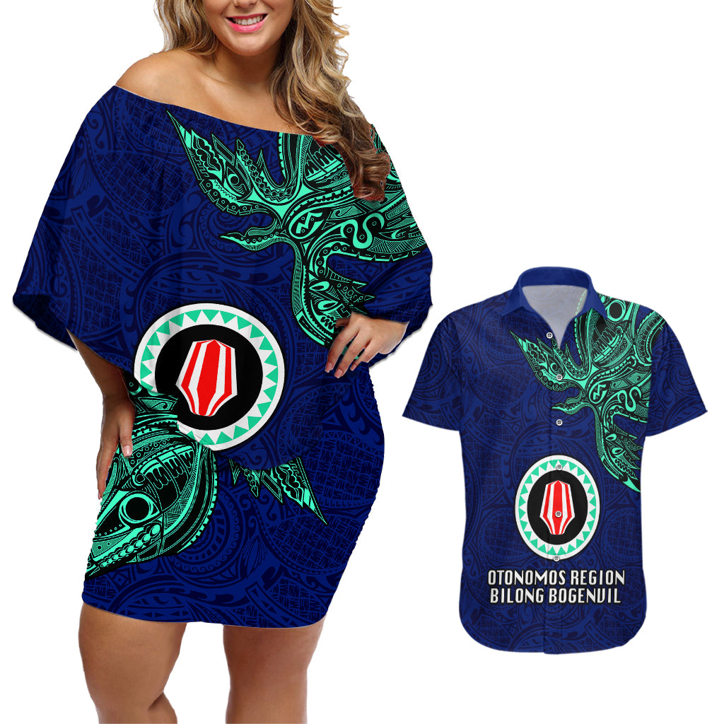 Papua New Guinea Bougainville Couples Matching Off Shoulder Short Dress and Hawaiian Shirt PNG Birds Of Paradise Polynesian Arty Style LT03 Blue - Polynesian Pride