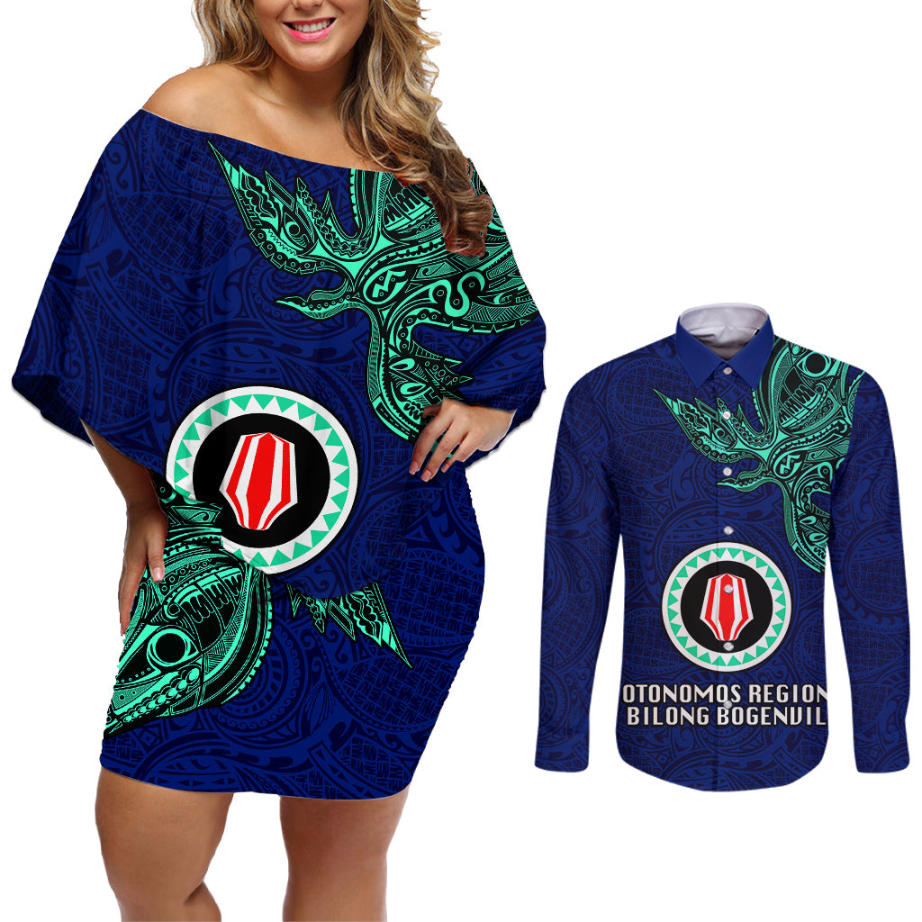 Papua New Guinea Bougainville Couples Matching Off Shoulder Short Dress and Long Sleeve Button Shirts PNG Birds Of Paradise Polynesian Arty Style LT03 Blue - Polynesian Pride