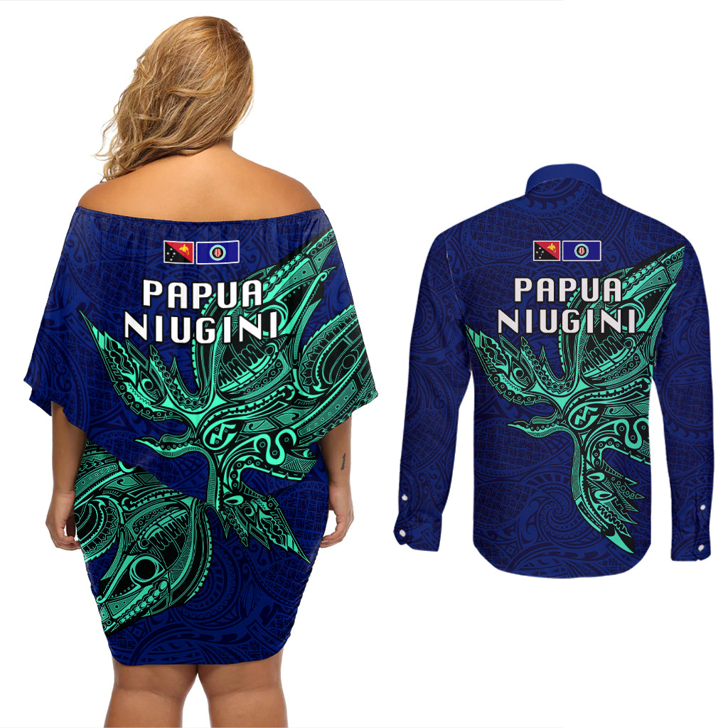 Papua New Guinea Bougainville Couples Matching Off Shoulder Short Dress and Long Sleeve Button Shirts PNG Birds Of Paradise Polynesian Arty Style LT03 - Polynesian Pride