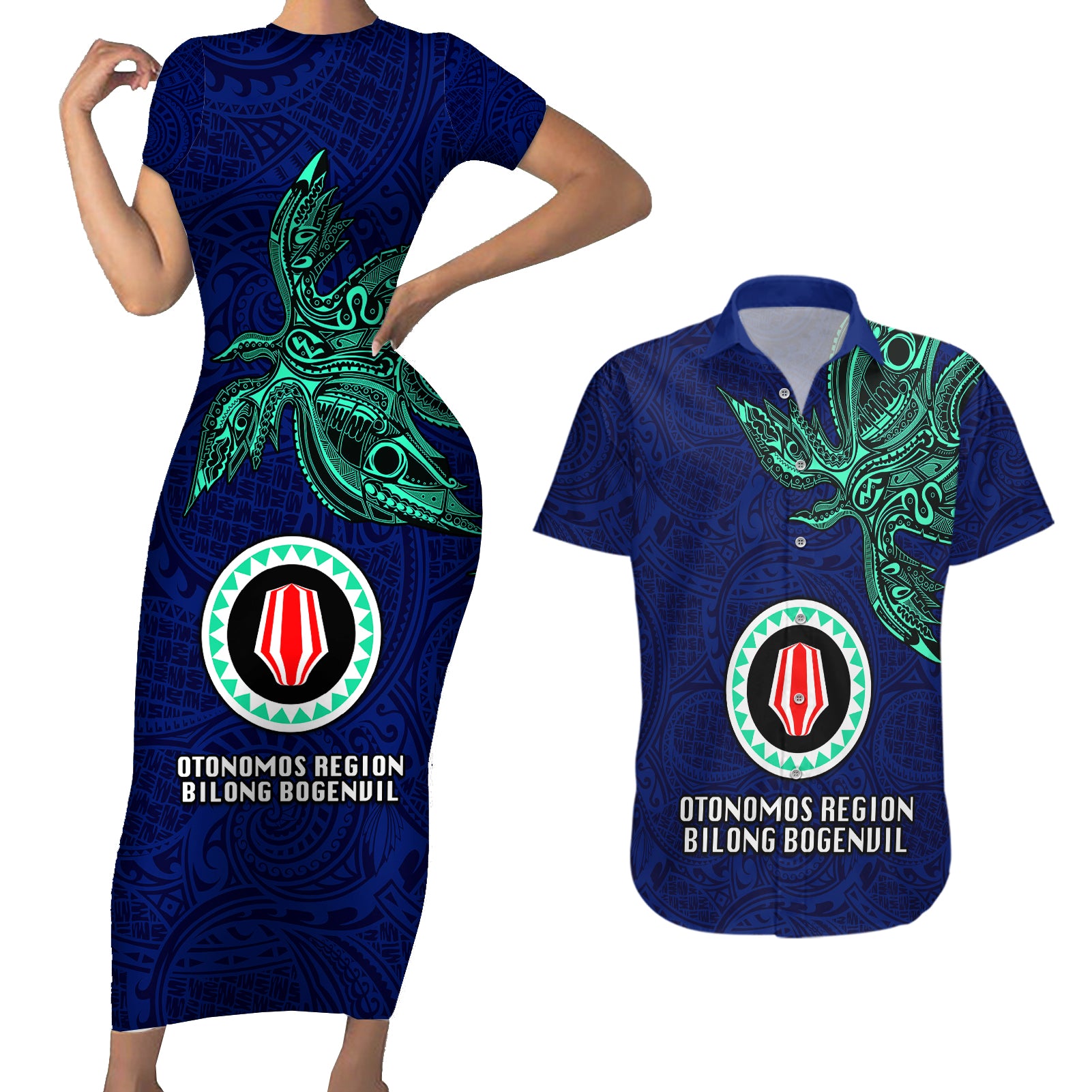 Papua New Guinea Bougainville Couples Matching Short Sleeve Bodycon Dress and Hawaiian Shirt PNG Birds Of Paradise Polynesian Arty Style LT03 Blue - Polynesian Pride