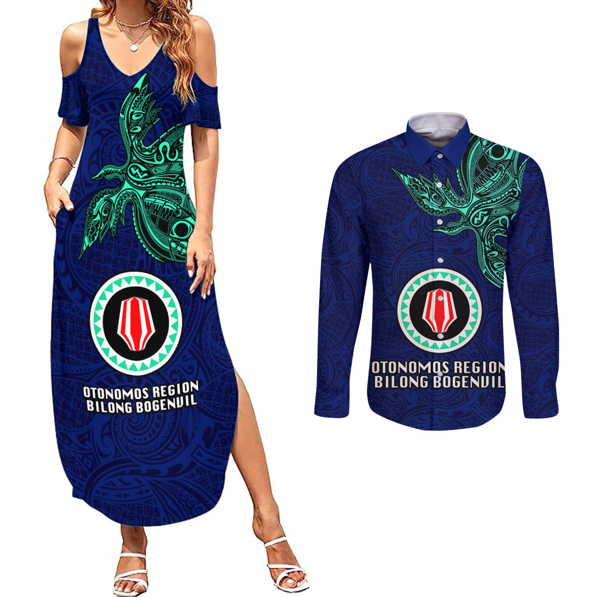 Papua New Guinea Bougainville Couples Matching Summer Maxi Dress and Long Sleeve Button Shirts PNG Birds Of Paradise Polynesian Arty Style LT03 Blue - Polynesian Pride