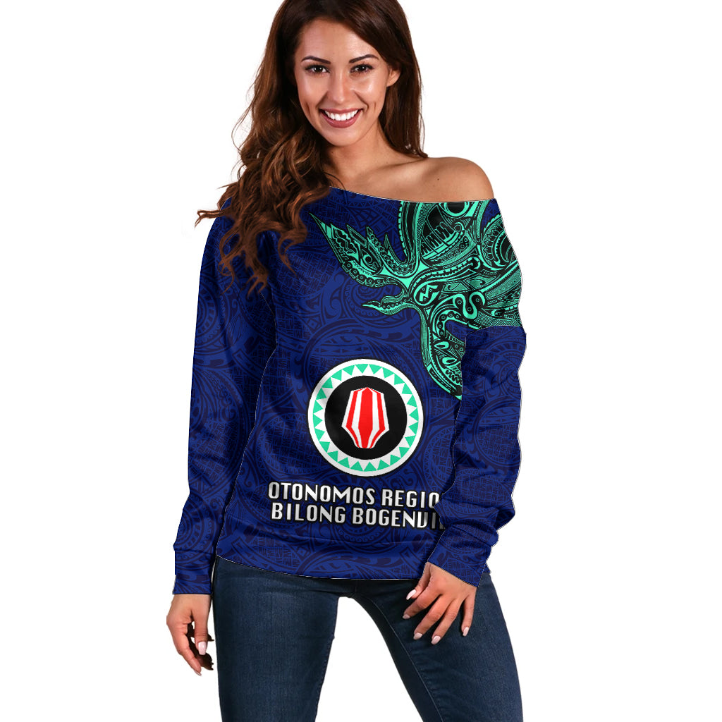Papua New Guinea Bougainville Off Shoulder Sweater PNG Birds Of Paradise Polynesian Arty Style LT03 Women Blue - Polynesian Pride