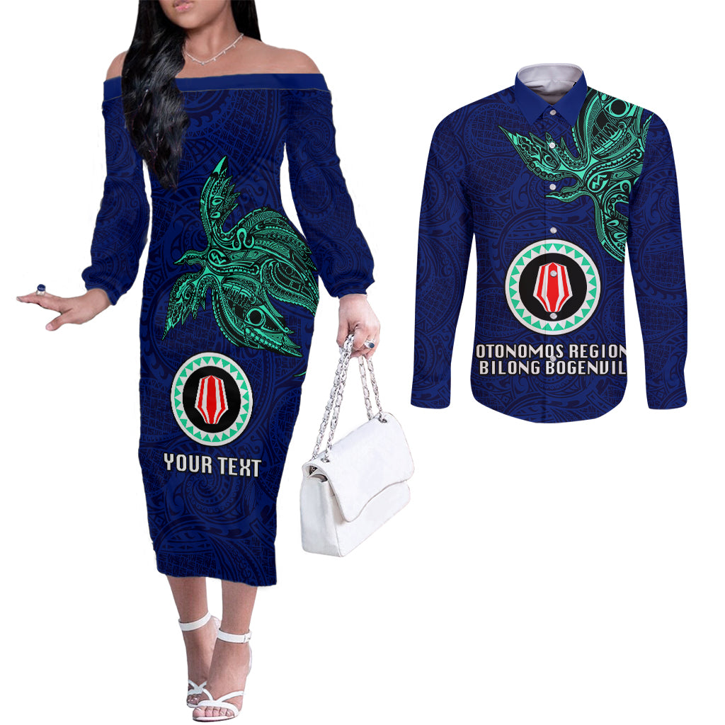 Custom Papua New Guinea Bougainville Couples Matching Off The Shoulder Long Sleeve Dress and Long Sleeve Button Shirts PNG Birds Of Paradise Polynesian Arty Style LT03 Blue - Polynesian Pride
