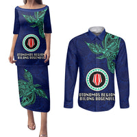 Custom Papua New Guinea Bougainville Couples Matching Puletasi Dress and Long Sleeve Button Shirts PNG Birds Of Paradise Polynesian Arty Style LT03 Blue - Polynesian Pride