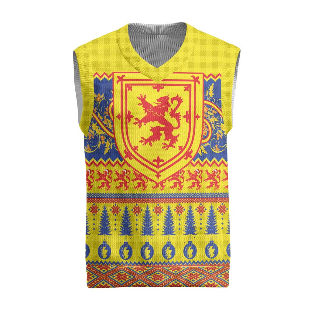 Scottish Christmas Knitted V-Neck Vest Scotland Thistle and Celtic Knot Yellow-Red Color - Polynesian Pride