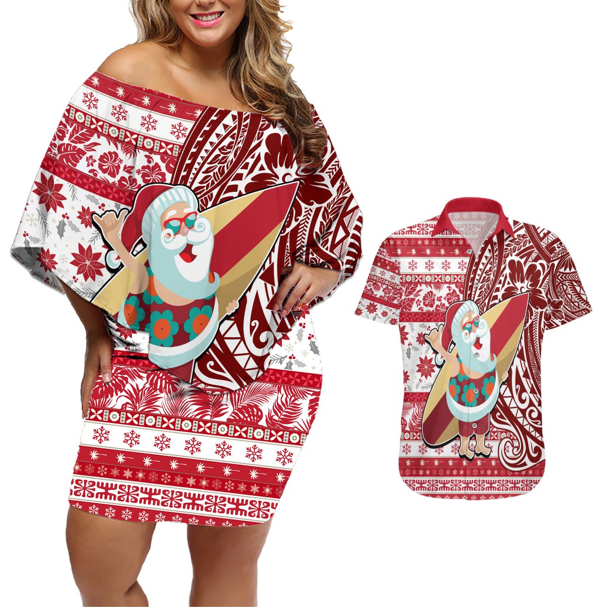 Hawaii Mele Kalikimaka Couples Matching Off Shoulder Short Dress and Hawaiian Shirt Santa Claus Surfing with Hawaiian Pattern Striped Red Style LT03 Red - Polynesian Pride