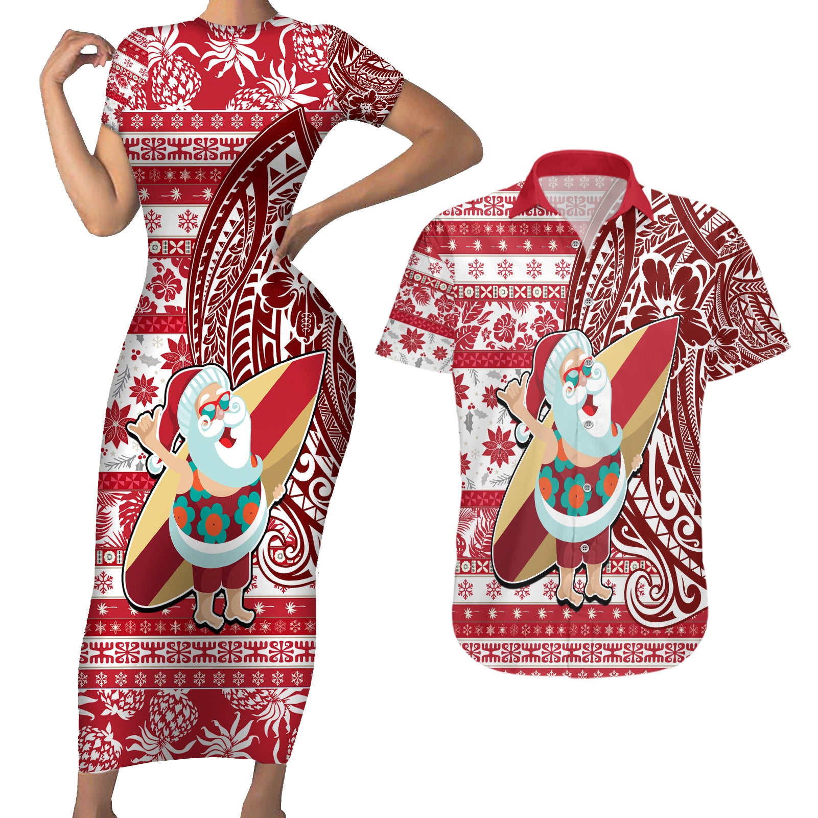 Hawaii Mele Kalikimaka Couples Matching Short Sleeve Bodycon Dress and Hawaiian Shirt Santa Claus Surfing with Hawaiian Pattern Striped Red Style LT03 Red - Polynesian Pride