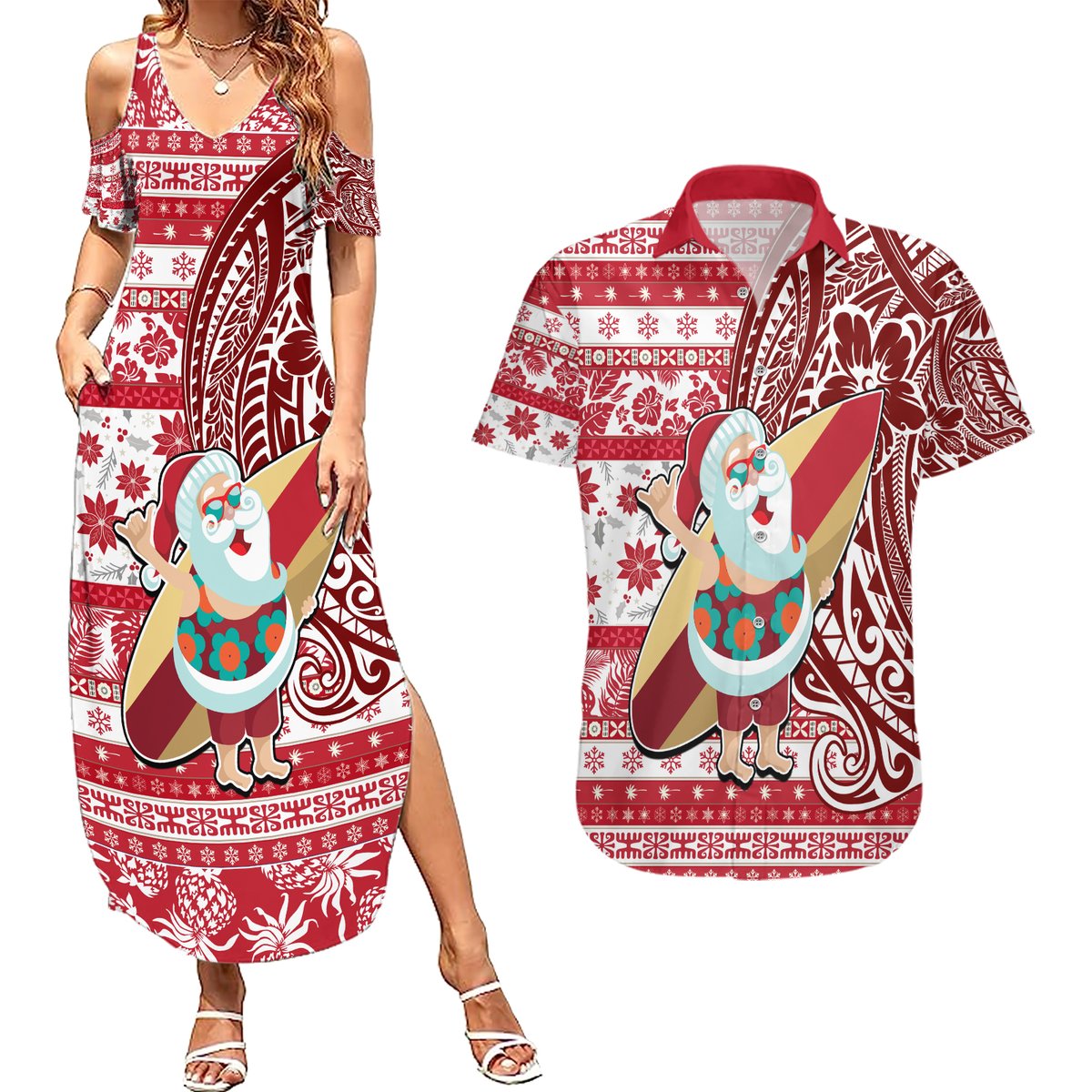 Hawaii Mele Kalikimaka Couples Matching Summer Maxi Dress and Hawaiian Shirt Santa Claus Surfing with Hawaiian Pattern Striped Red Style LT03 Red - Polynesian Pride