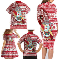 Hawaii Mele Kalikimaka Family Matching Long Sleeve Bodycon Dress and Hawaiian Shirt Santa Claus Surfing with Hawaiian Pattern Striped Red Style LT03 - Polynesian Pride