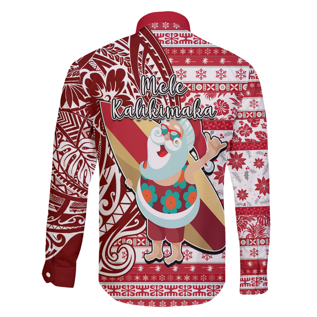 Hawaii Mele Kalikimaka Family Matching Long Sleeve Bodycon Dress and Hawaiian Shirt Santa Claus Surfing with Hawaiian Pattern Striped Red Style LT03 - Polynesian Pride