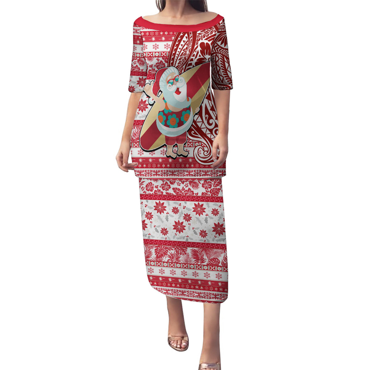 Hawaii Mele Kalikimaka Family Matching Puletasi Dress and Hawaiian Shirt Santa Claus Surfing with Hawaiian Pattern Striped Red Style LT03 Mom's Dress Red - Polynesian Pride