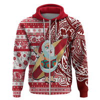Hawaii Mele Kalikimaka Hoodie Santa Claus Surfing with Hawaiian Pattern Striped Red Style LT03 Zip Hoodie Red - Polynesian Pride