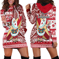 Hawaii Mele Kalikimaka Hoodie Dress Santa Claus Surfing with Hawaiian Pattern Striped Red Style LT03 - Polynesian Pride