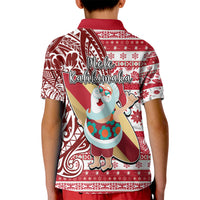 Hawaii Mele Kalikimaka Kid Polo Shirt Santa Claus Surfing with Hawaiian Pattern Striped Red Style LT03 - Polynesian Pride