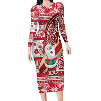 Hawaii Mele Kalikimaka Long Sleeve Bodycon Dress Santa Claus Surfing with Hawaiian Pattern Striped Red Style LT03 Long Dress Red - Polynesian Pride