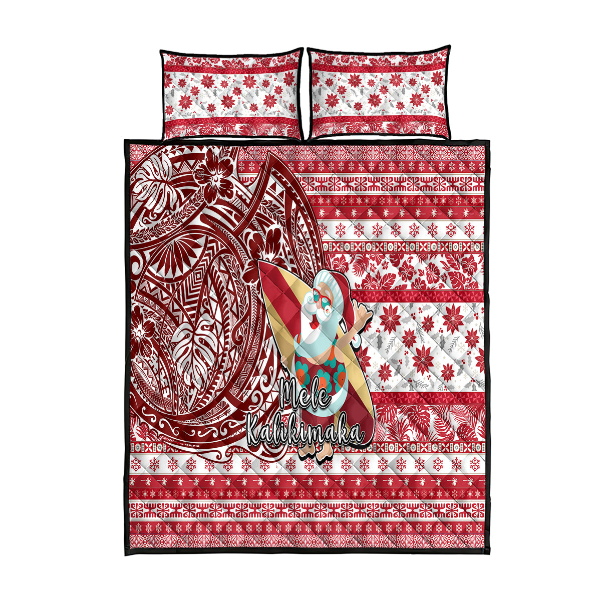 Hawaii Mele Kalikimaka Quilt Bed Set Santa Claus Surfing with Hawaiian Pattern Striped Red Style LT03 Red - Polynesian Pride