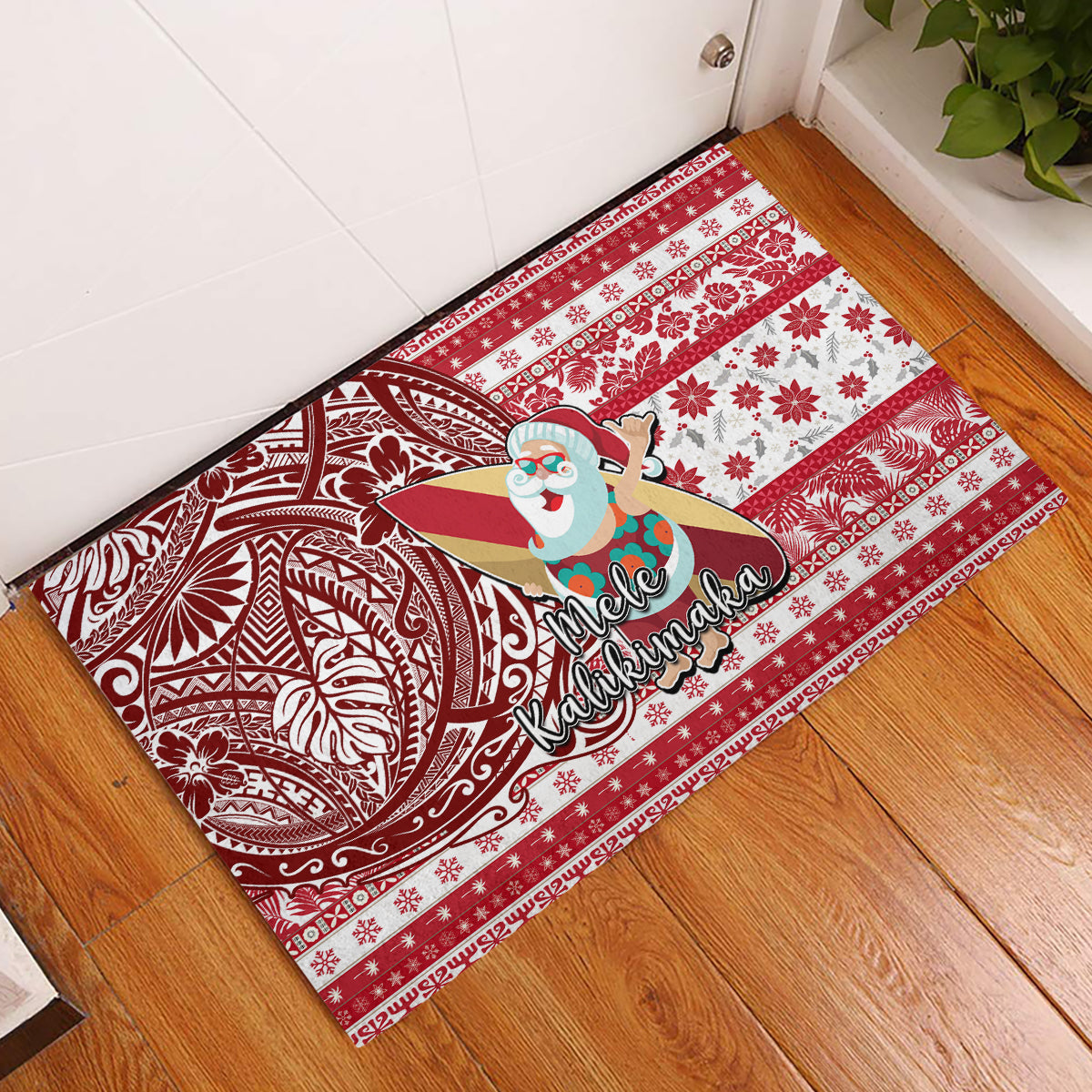 Hawaii Mele Kalikimaka Rubber Doormat Santa Claus Surfing with Hawaiian Pattern Striped Red Style LT03 Red - Polynesian Pride