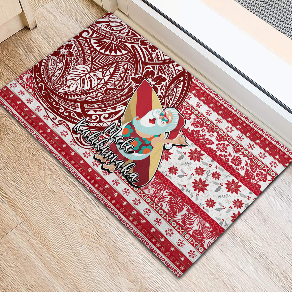 Hawaii Mele Kalikimaka Rubber Doormat Santa Claus Surfing with Hawaiian Pattern Striped Red Style LT03 - Polynesian Pride
