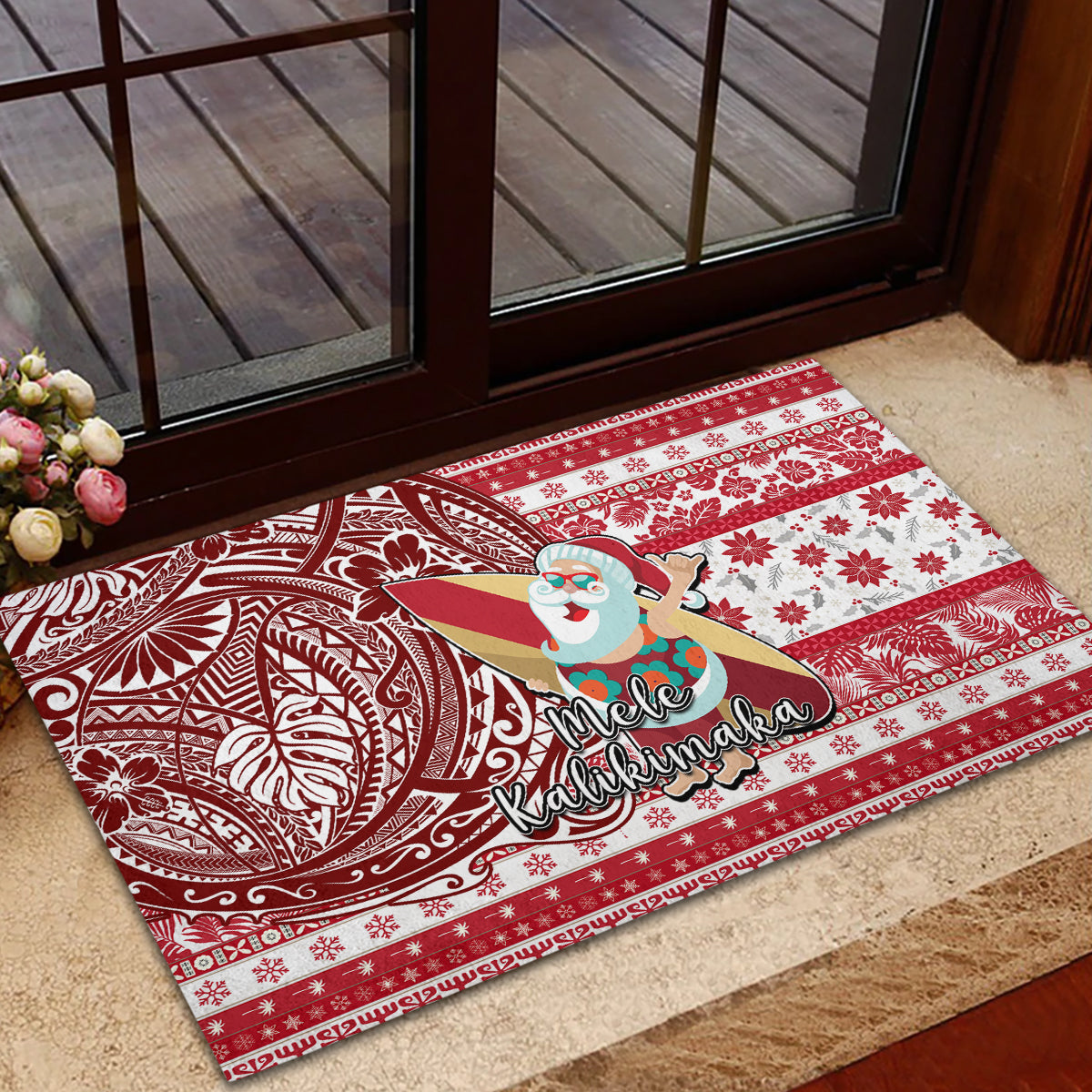Hawaii Mele Kalikimaka Rubber Doormat Santa Claus Surfing with Hawaiian Pattern Striped Red Style LT03 - Polynesian Pride