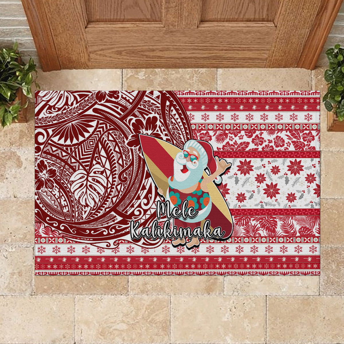 Hawaii Mele Kalikimaka Rubber Doormat Santa Claus Surfing with Hawaiian Pattern Striped Red Style LT03 - Polynesian Pride