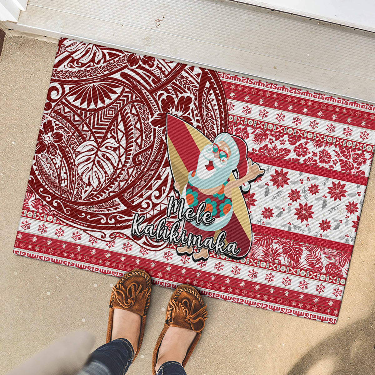 Hawaii Mele Kalikimaka Rubber Doormat Santa Claus Surfing with Hawaiian Pattern Striped Red Style LT03 - Polynesian Pride