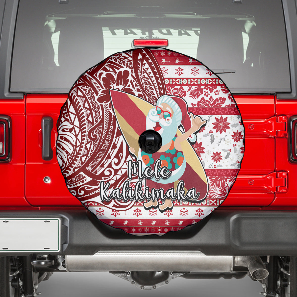 Hawaii Mele Kalikimaka Spare Tire Cover Santa Claus Surfing with Hawaiian Pattern Striped Red Style LT03 - Polynesian Pride