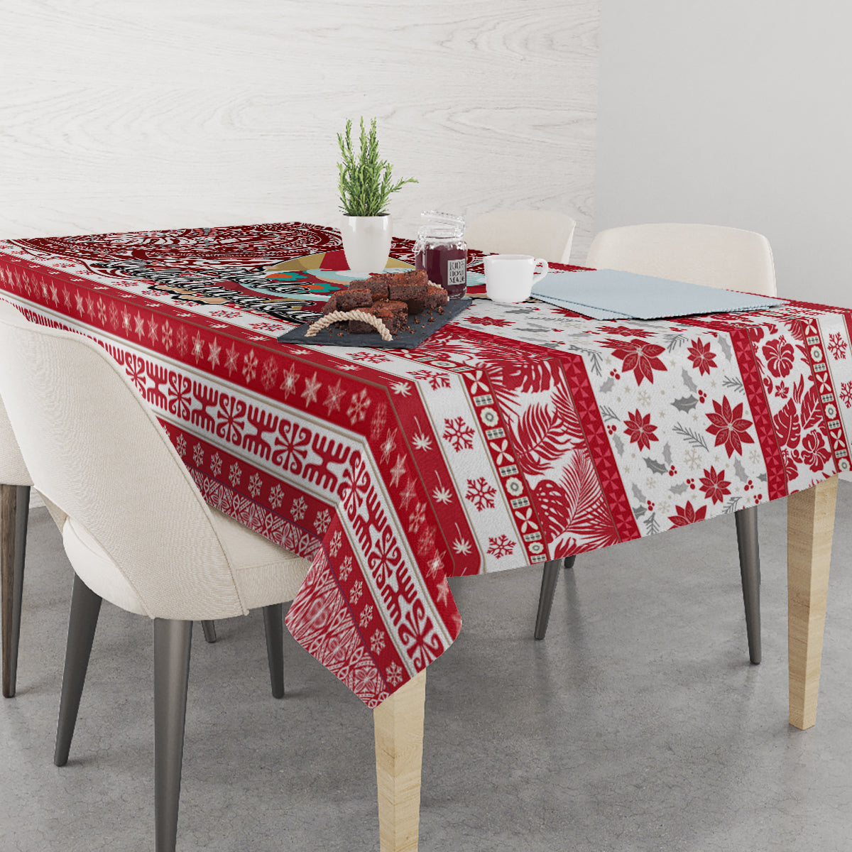 Hawaii Mele Kalikimaka Tablecloth Santa Claus Surfing with Hawaiian Pattern Striped Red Style LT03 - Polynesian Pride