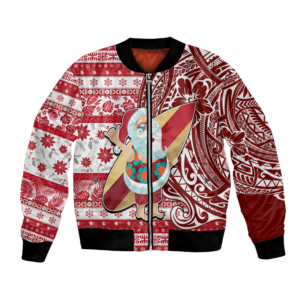 Custom Hawaii Mele Kalikimaka Bomber Jacket Santa Claus Surfing with Hawaiian Pattern Striped Red Style LT03 Unisex Red - Polynesian Pride