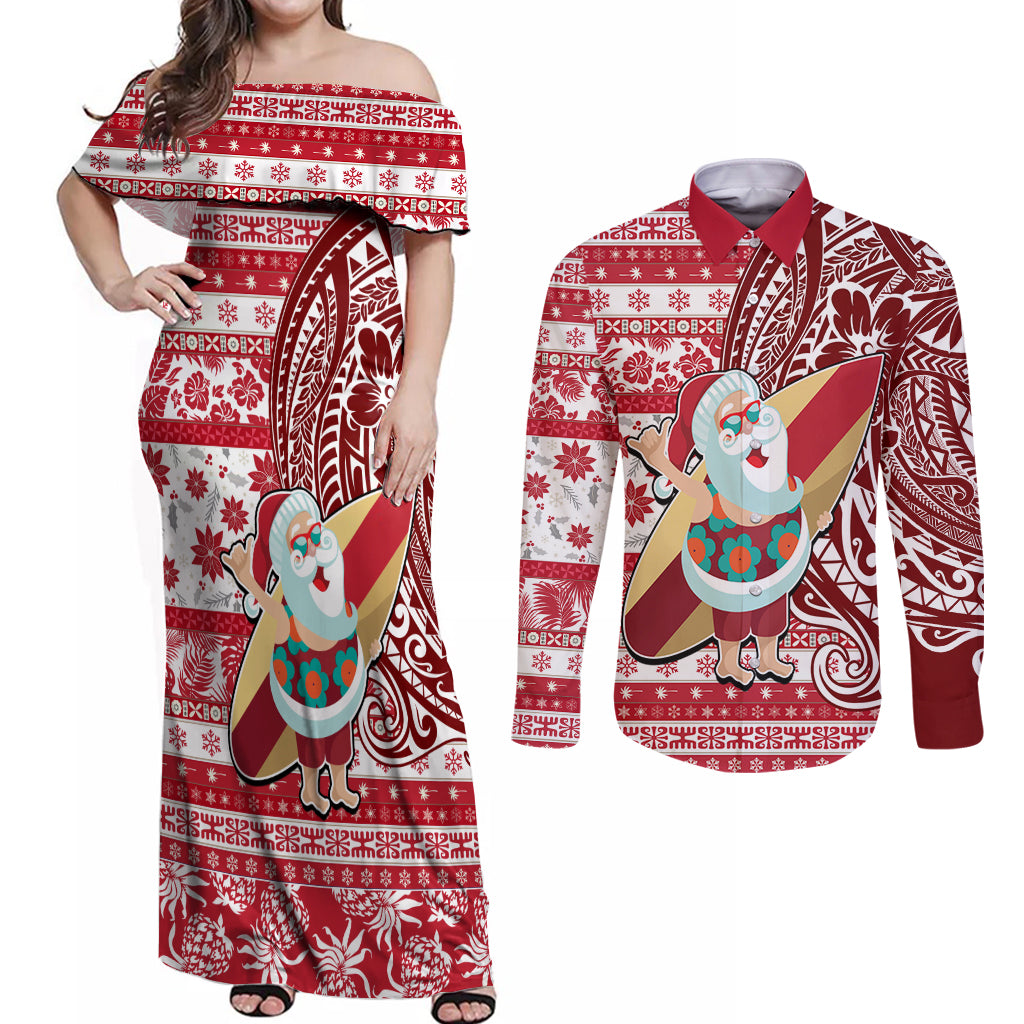 Custom Hawaii Mele Kalikimaka Couples Matching Off Shoulder Maxi Dress and Long Sleeve Button Shirt Santa Claus Surfing with Hawaiian Pattern Striped Red Style LT03 Red - Polynesian Pride