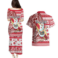 Custom Hawaii Mele Kalikimaka Couples Matching Puletasi Dress and Hawaiian Shirt Santa Claus Surfing with Hawaiian Pattern Striped Red Style LT03 - Polynesian Pride