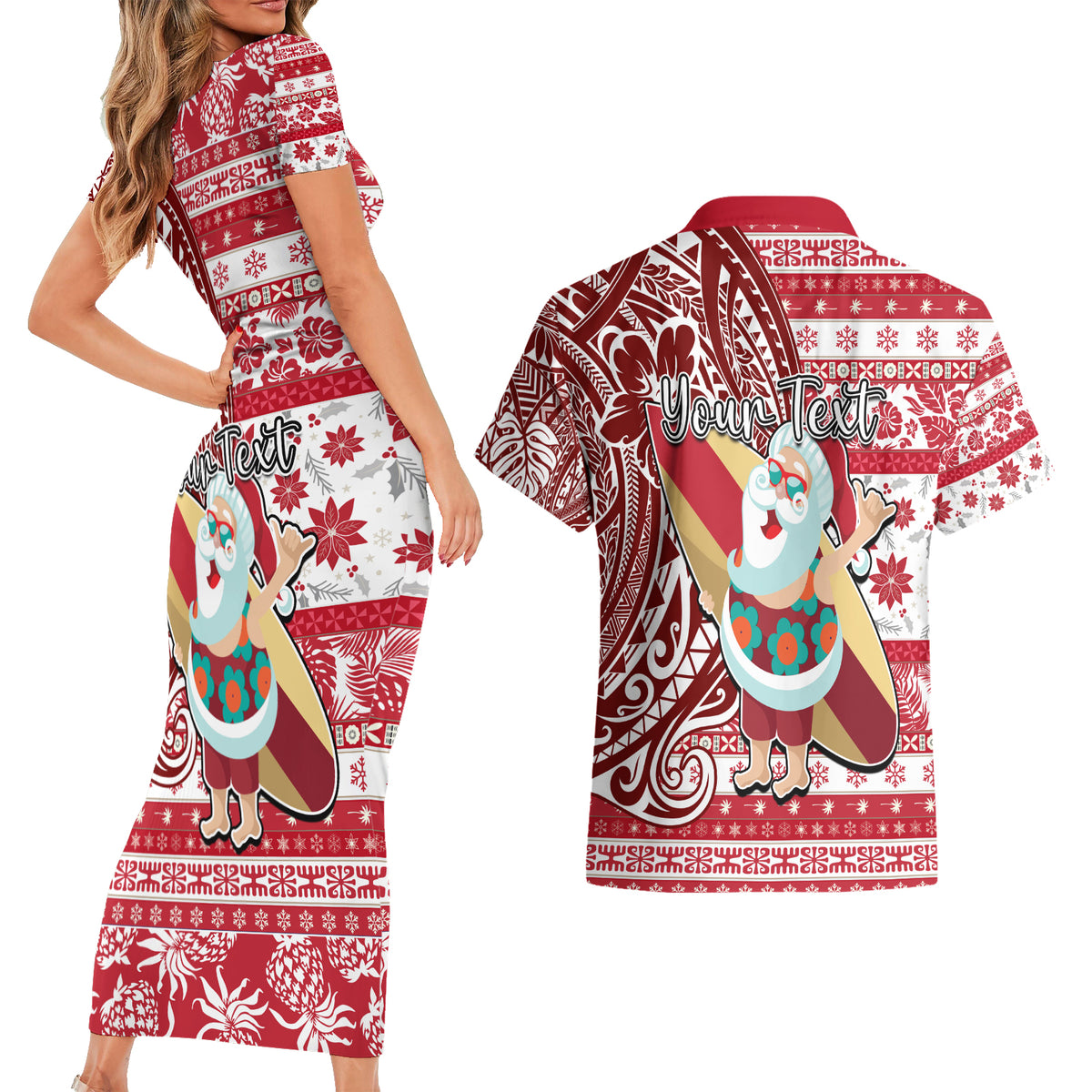 Custom Hawaii Mele Kalikimaka Couples Matching Short Sleeve Bodycon Dress and Hawaiian Shirt Santa Claus Surfing with Hawaiian Pattern Striped Red Style LT03 - Polynesian Pride