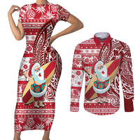 Custom Hawaii Mele Kalikimaka Couples Matching Short Sleeve Bodycon Dress and Long Sleeve Button Shirt Santa Claus Surfing with Hawaiian Pattern Striped Red Style LT03 Red - Polynesian Pride