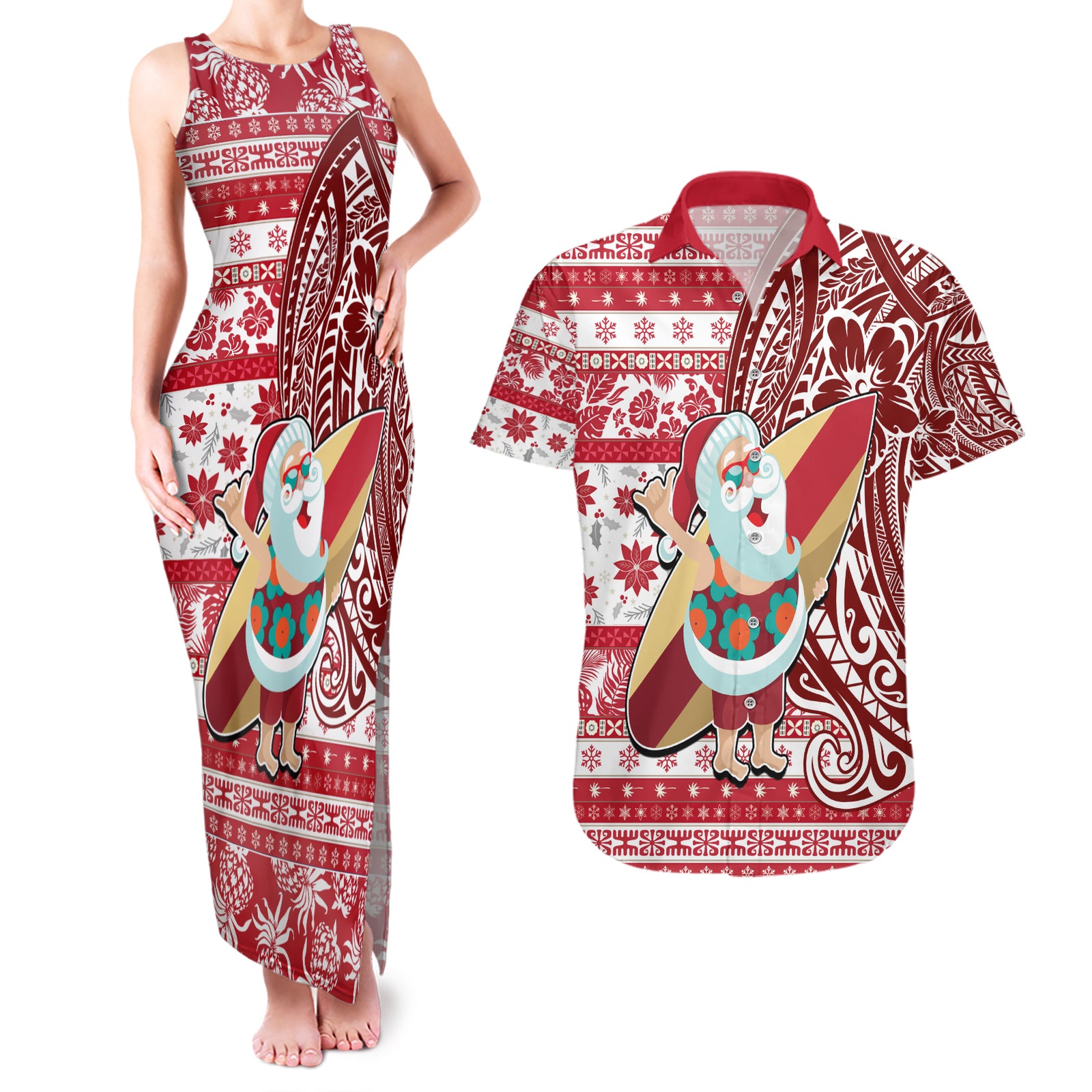 Custom Hawaii Mele Kalikimaka Couples Matching Tank Maxi Dress and Hawaiian Shirt Santa Claus Surfing with Hawaiian Pattern Striped Red Style LT03 Red - Polynesian Pride
