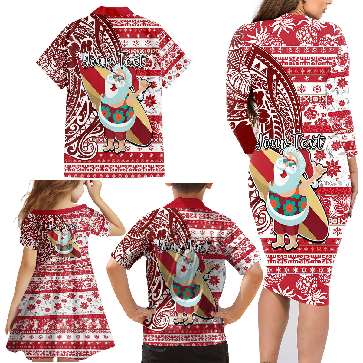 Custom Hawaii Mele Kalikimaka Family Matching Long Sleeve Bodycon Dress and Hawaiian Shirt Santa Claus Surfing with Hawaiian Pattern Striped Red Style LT03 - Polynesian Pride