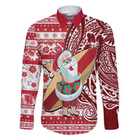 Custom Hawaii Mele Kalikimaka Family Matching Mermaid Dress and Hawaiian Shirt Santa Claus Surfing with Hawaiian Pattern Striped Red Style LT03 Dad's Shirt - Long Sleeve Red - Polynesian Pride