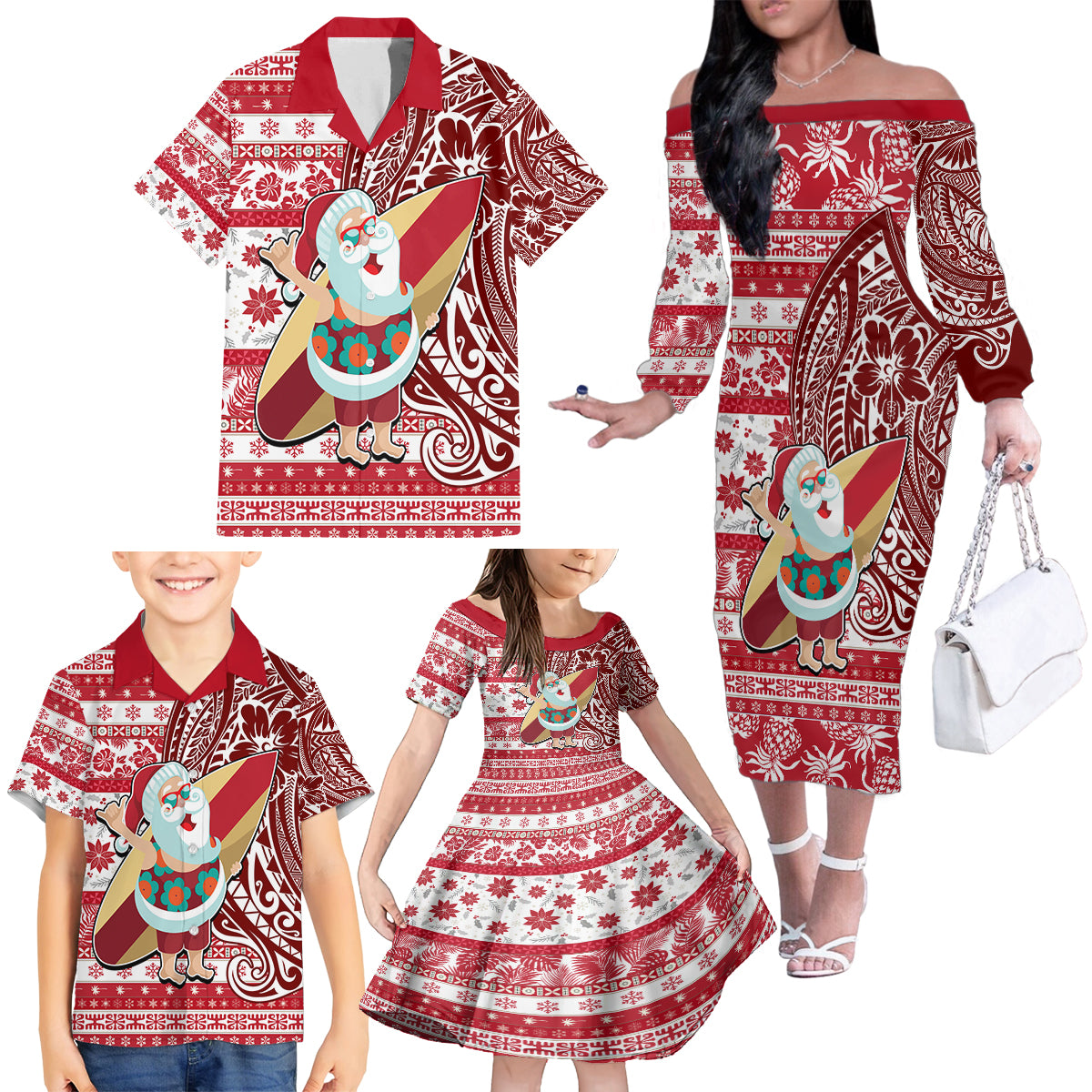 Custom Hawaii Mele Kalikimaka Family Matching Off Shoulder Long Sleeve Dress and Hawaiian Shirt Santa Claus Surfing with Hawaiian Pattern Striped Red Style LT03 - Polynesian Pride