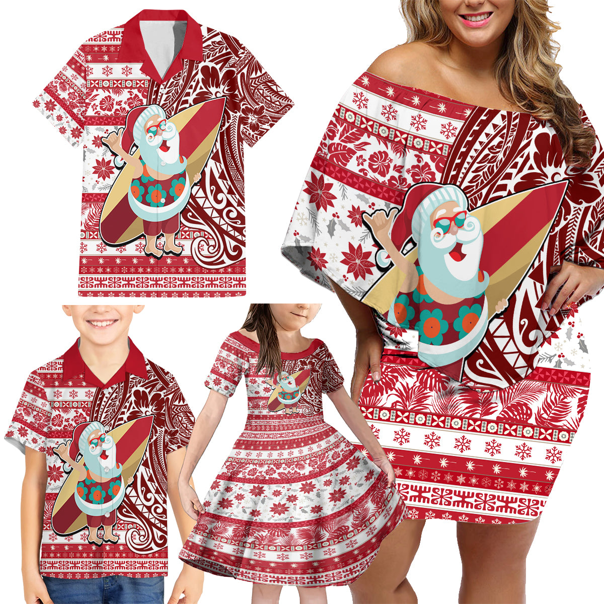 Custom Hawaii Mele Kalikimaka Family Matching Off Shoulder Short Dress and Hawaiian Shirt Santa Claus Surfing with Hawaiian Pattern Striped Red Style LT03 - Polynesian Pride